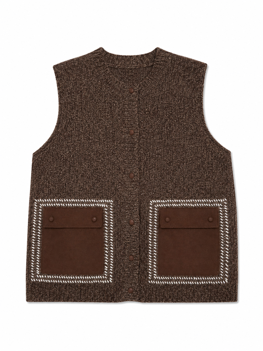 Women Fuzzy Knit Vest V Neck Sleeveless Mohair Sweater Denim Patch Pocket Dark Grey Knitted Waistcoat for Autumn