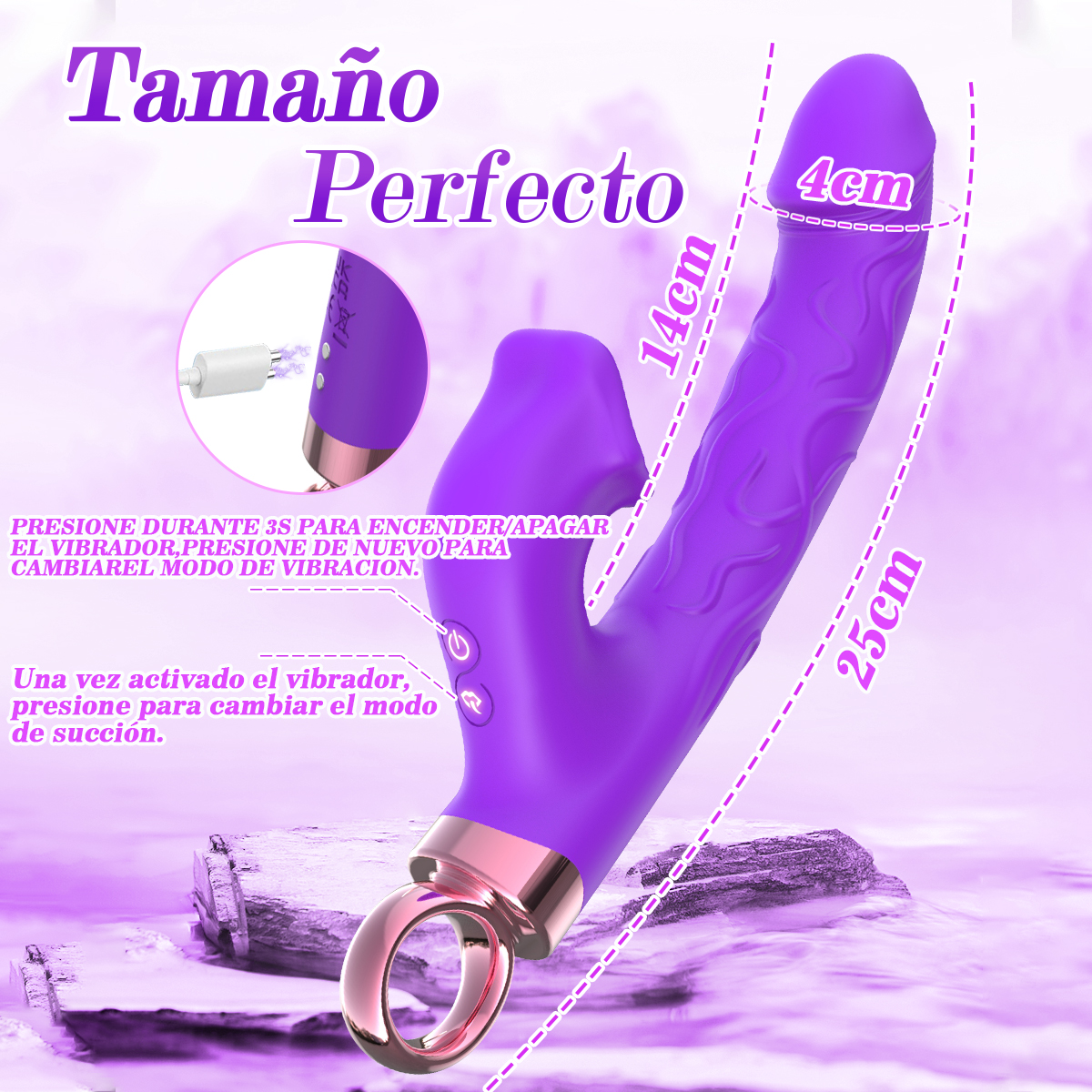 Vibrador de língua 2 em 1 roxo com vibração e movimento de língua em fundo branco