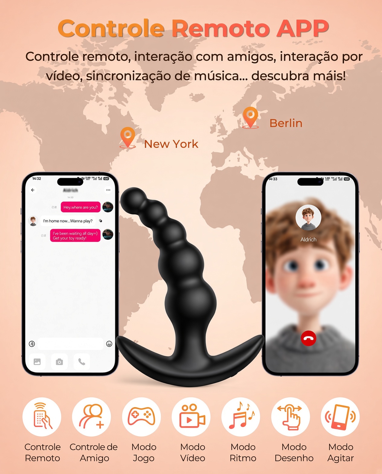 Massageador de Próstata Plug Anal 5 Pérolas com Controle APP 9 Modos de Vibração IPX6