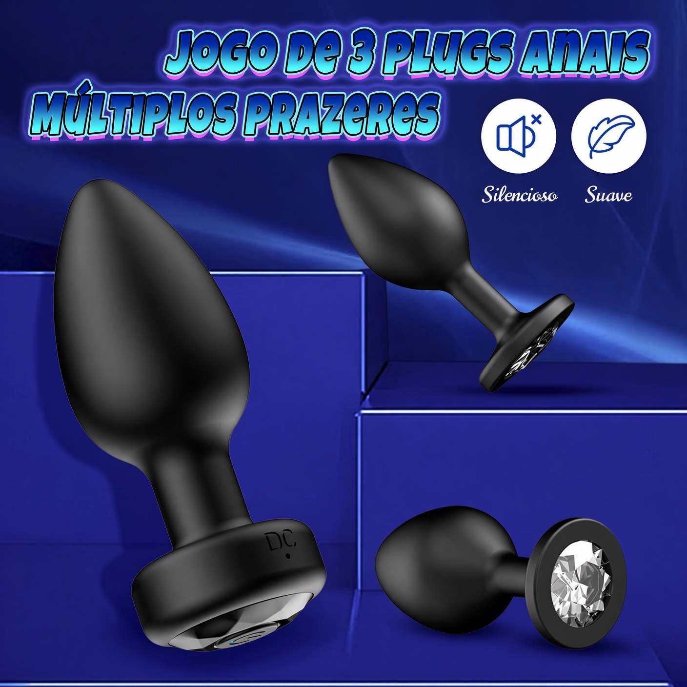 Kit 3 Plugs Anais Vibratório com Controle Remoto 10 Modos – Silicone Macio e Impermeável