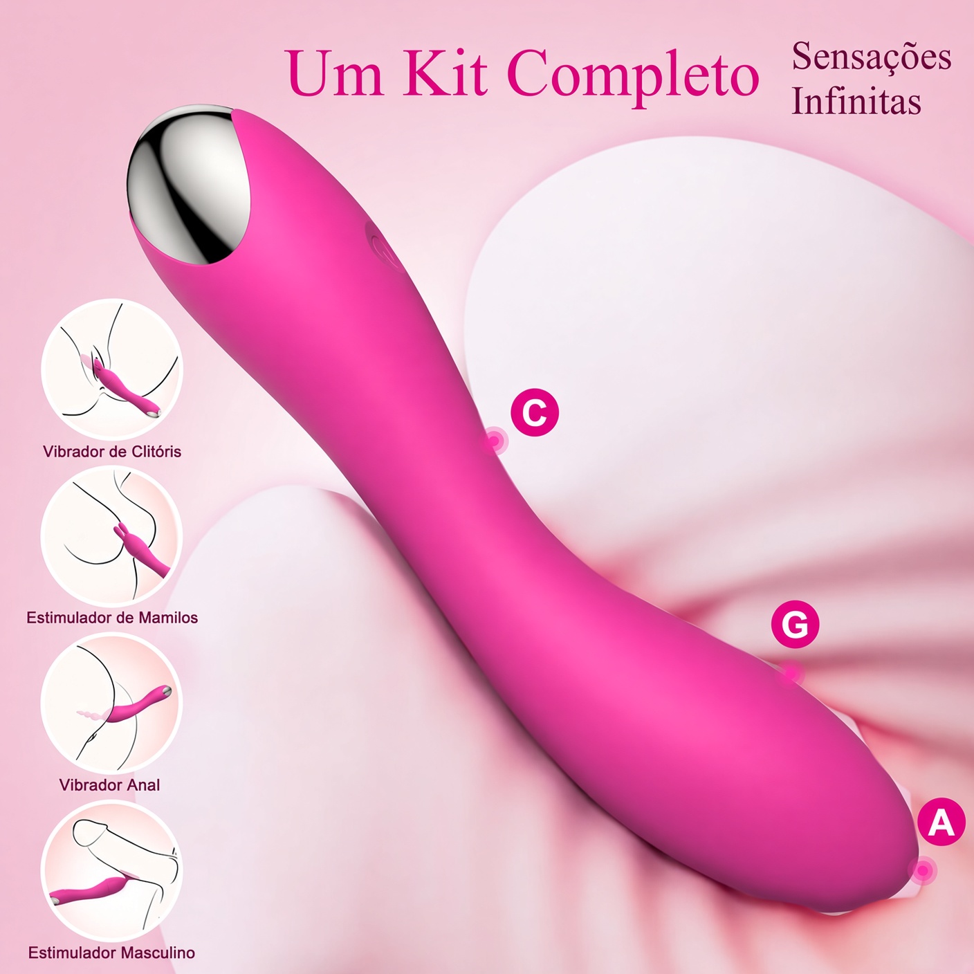 Vibrador Multifuncional Rosa com 5 Pontas – Kit Completo para Prazer