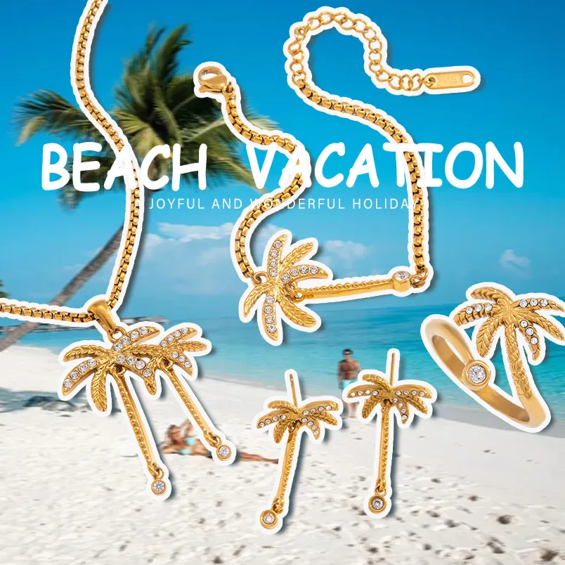 Hisera Coconut Tree Electroplated Stainless Steel Crystal Jewelry