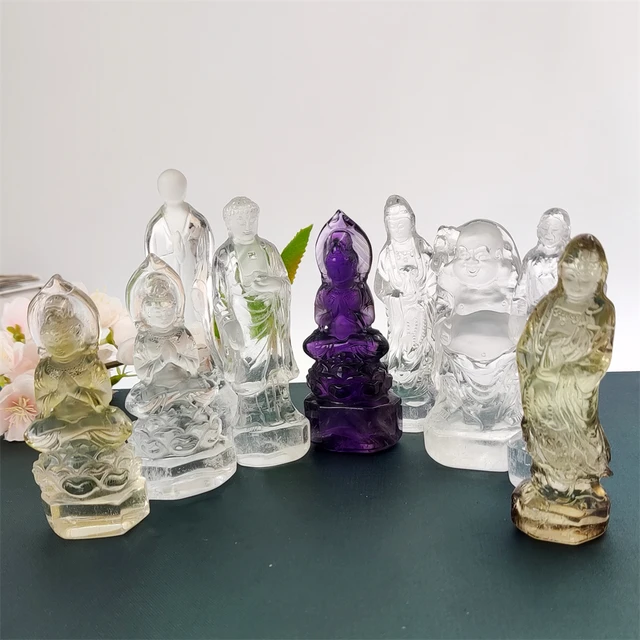 Natural Crystal Hand Carved Guan Yin Buddha - Clear Quartz Amethyst Divine Statue