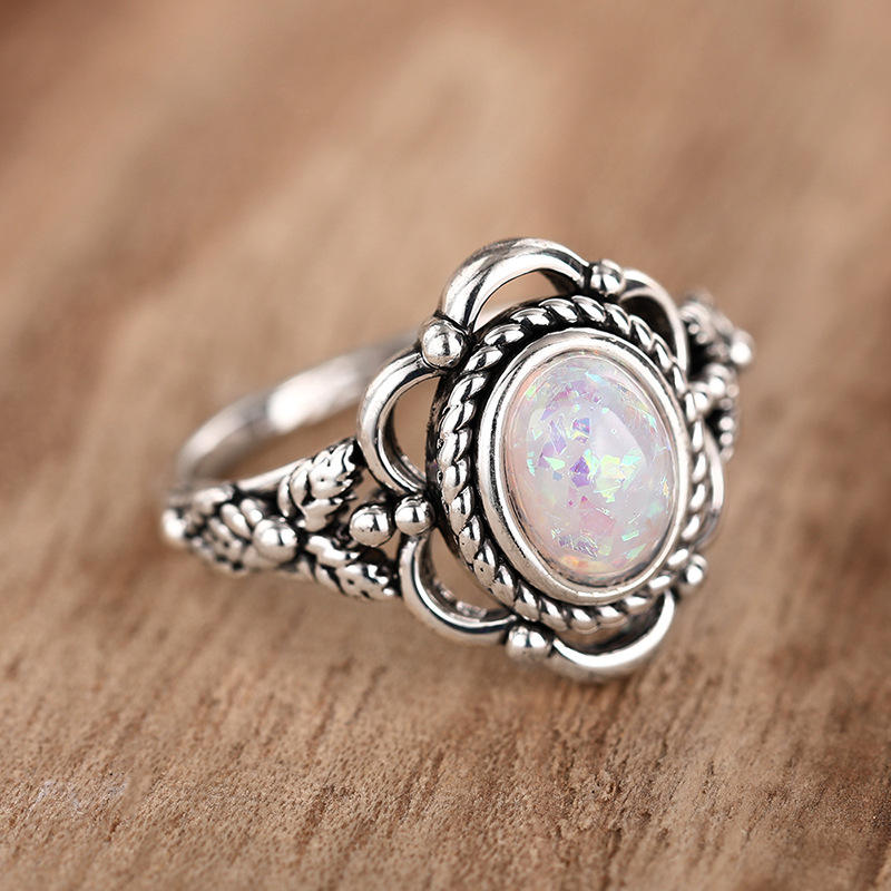 Hisera Vintage Flower Design Natural Stone Oval Ring - Retro