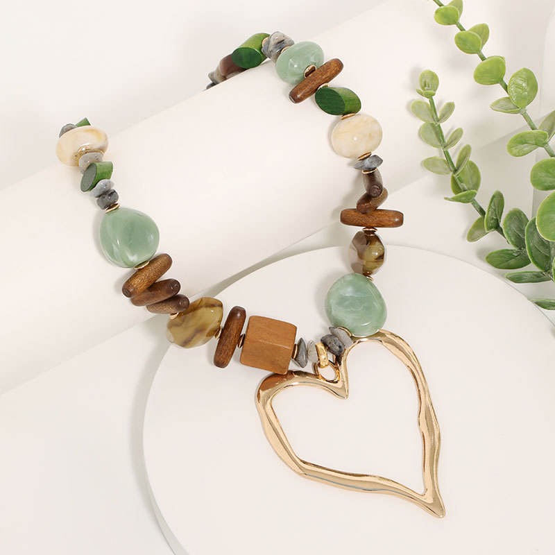 Hisera Bohemian Sporty Necklace - Natural Stone Wood Bamboo 