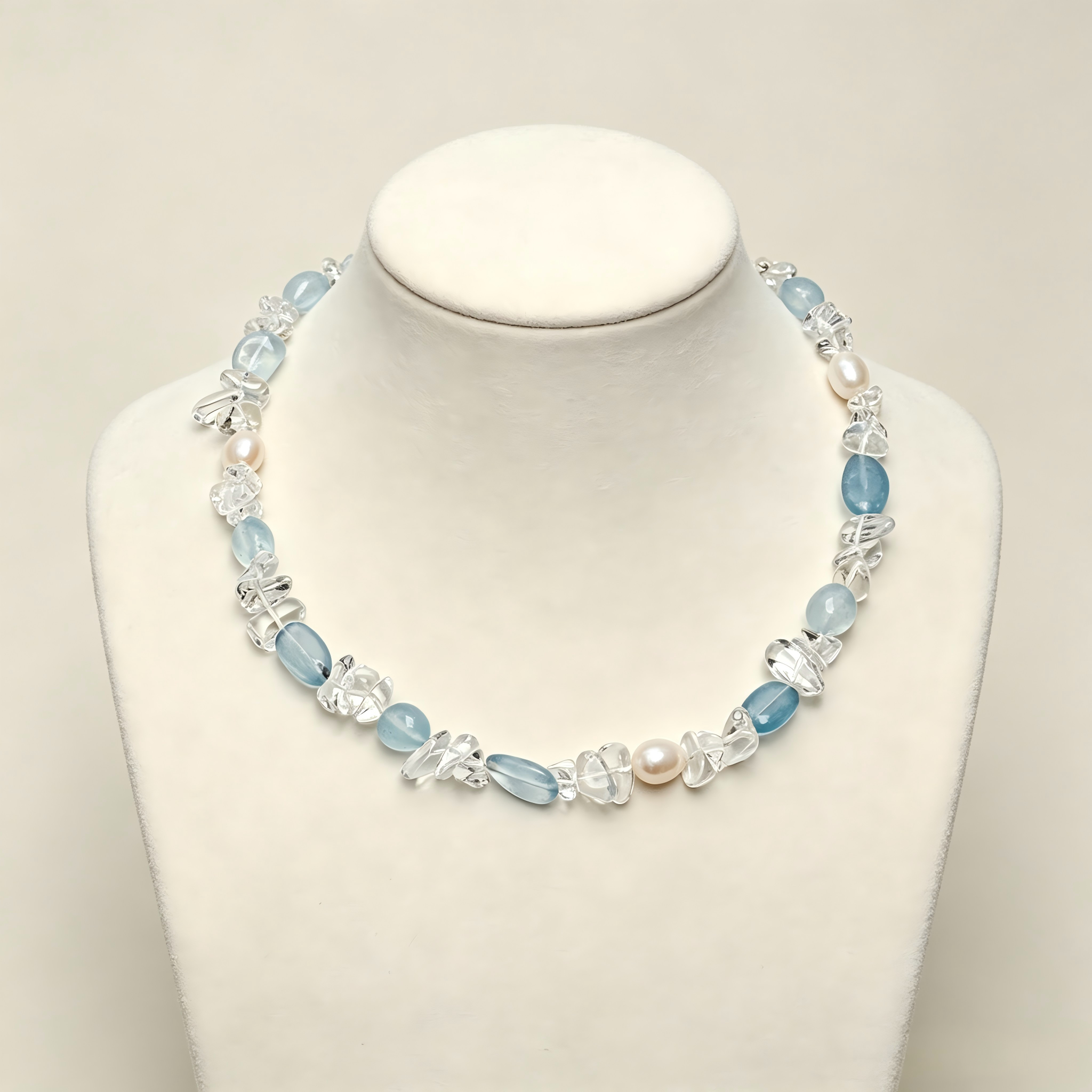 Elegant Aquamarine Clear Quartz Freshwater Pearl Crystal Jewelry