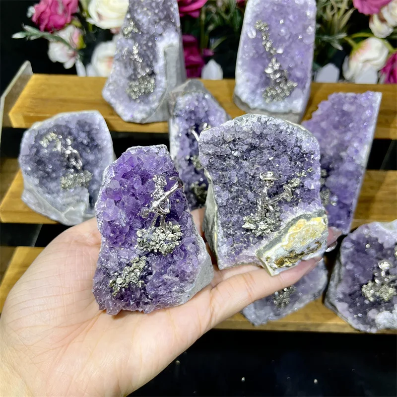 Natural Amethyst Cluster Geode Raw Stone with Pyrite - Mineral Specimen