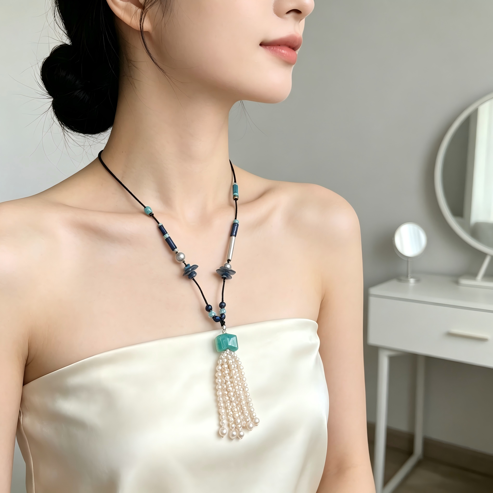 Pendant Pearl Tassel Black Cord Necklace