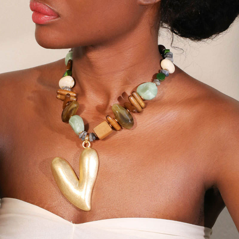 Hisera Bohemian Sporty Necklace - Natural Stone Wood Bamboo 