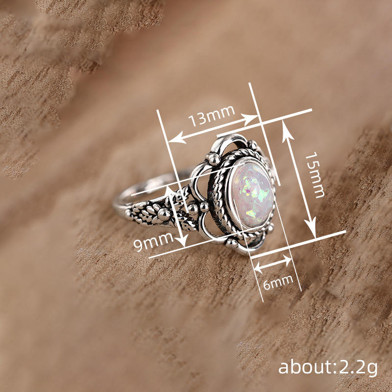 Hisera Vintage Flower Design Natural Stone Oval Ring - Retro