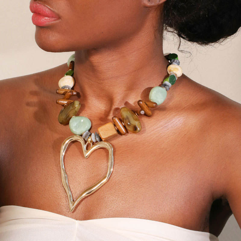 Hisera Bohemian Sporty Necklace - Natural Stone Wood Bamboo 