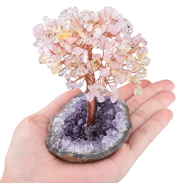 Citrine Crystal Tree Rose Quartz Chips Amethyst Cluster - Prosperity Gemstone Bonsai