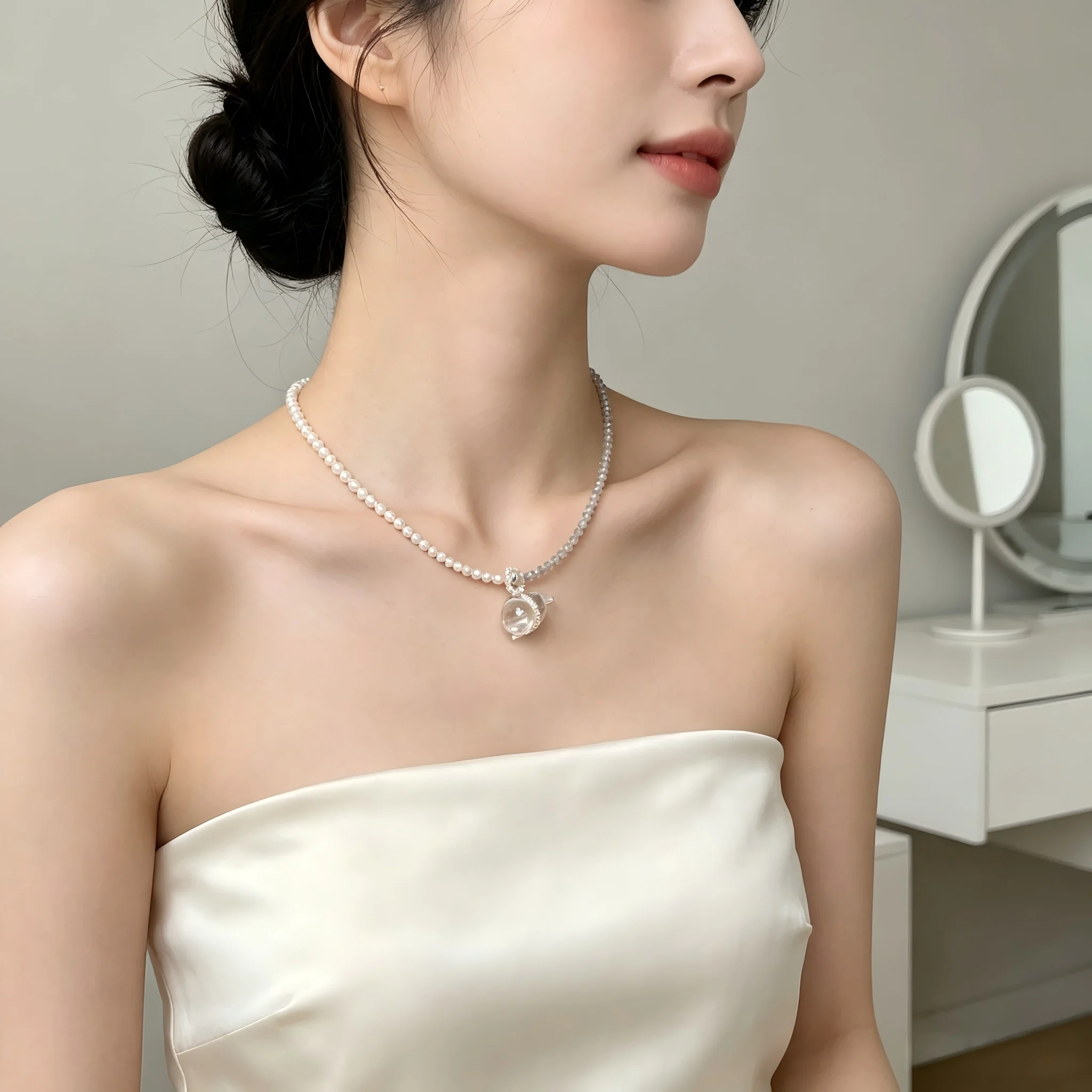Elegant Pearl Clear Crystal Ball Pendant