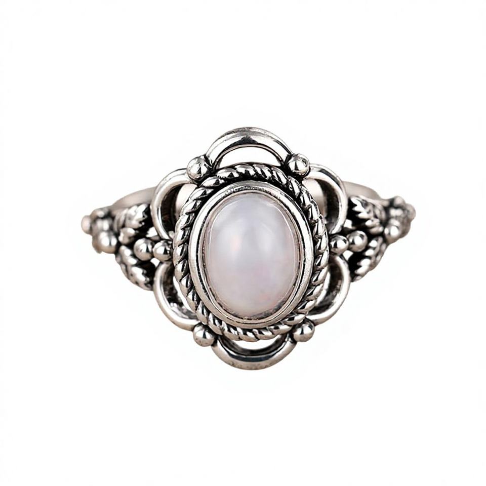 Hisera Vintage Flower Design Natural Stone Oval Ring - Retro