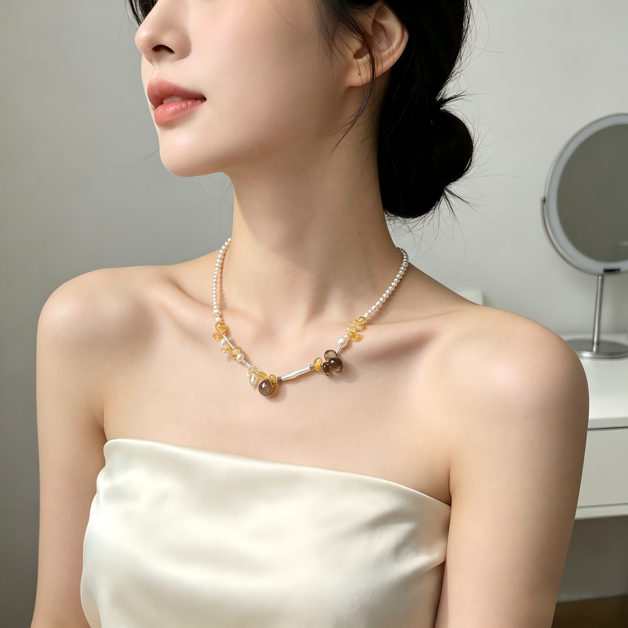 Retro Citrine Smoky Quartz Freshwater Pearl Crystal Jewelry