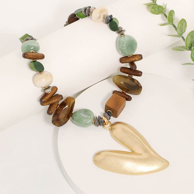Hisera Bohemian Sporty Necklace - Natural Stone Wood Bamboo 