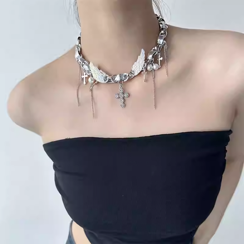 Hisera Stylish Wing Cross Alloy Chokers Crystal Jewelry