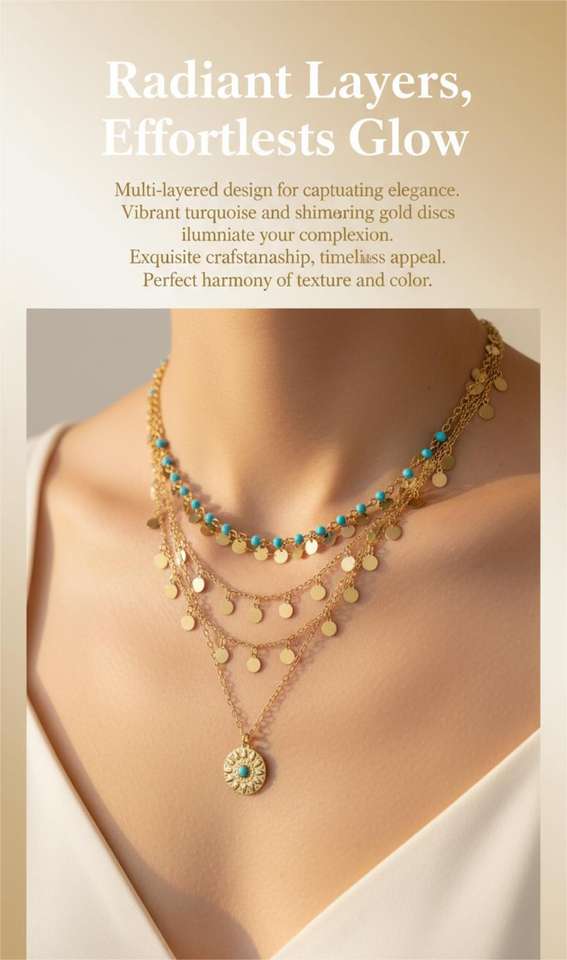 Hisera Bohemian Layered Beaded Necklace - Turquoise Sun Pend