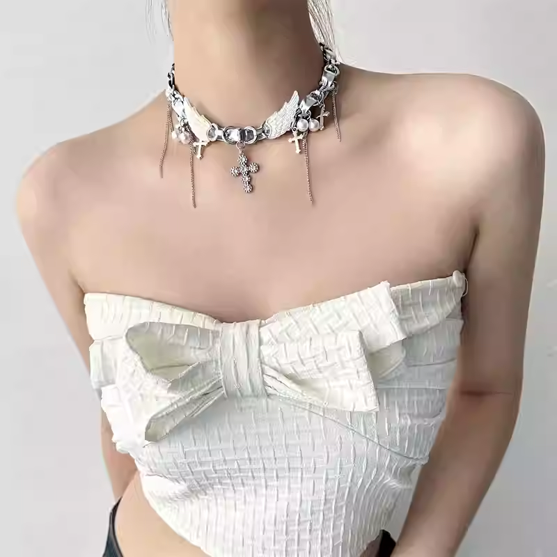 Hisera Stylish Wing Cross Alloy Chokers Crystal Jewelry