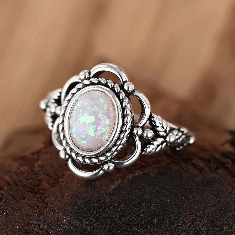Hisera Vintage Flower Design Natural Stone Oval Ring - Retro