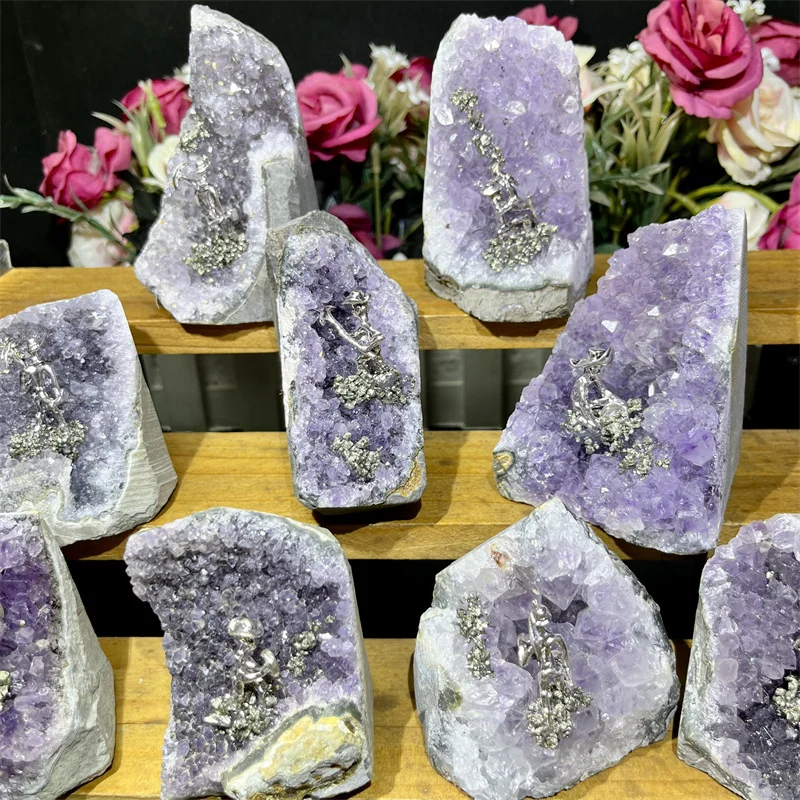 Natural Amethyst Cluster Geode Raw Stone with Pyrite - Mineral Specimen