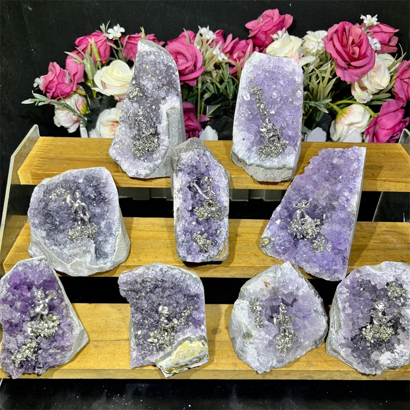 Natural Amethyst Cluster Geode Raw Stone with Pyrite - Mineral Specimen