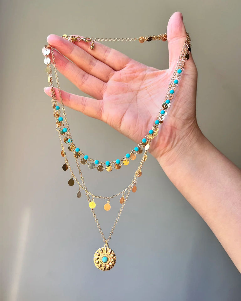 Hisera Bohemian Layered Beaded Necklace - Turquoise Sun Pend
