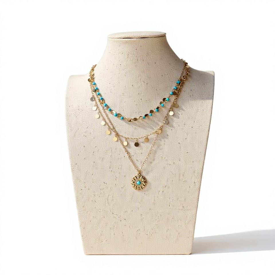 Hisera Bohemian Layered Beaded Necklace - Turquoise Sun Pend