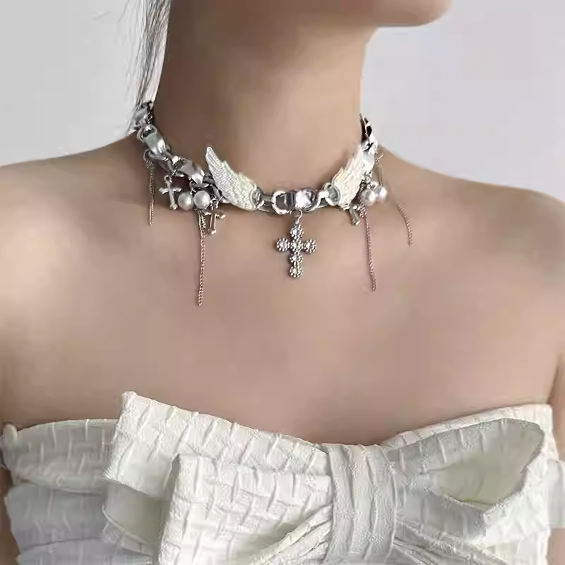Hisera Stylish Wing Cross Alloy Chokers Crystal Jewelry