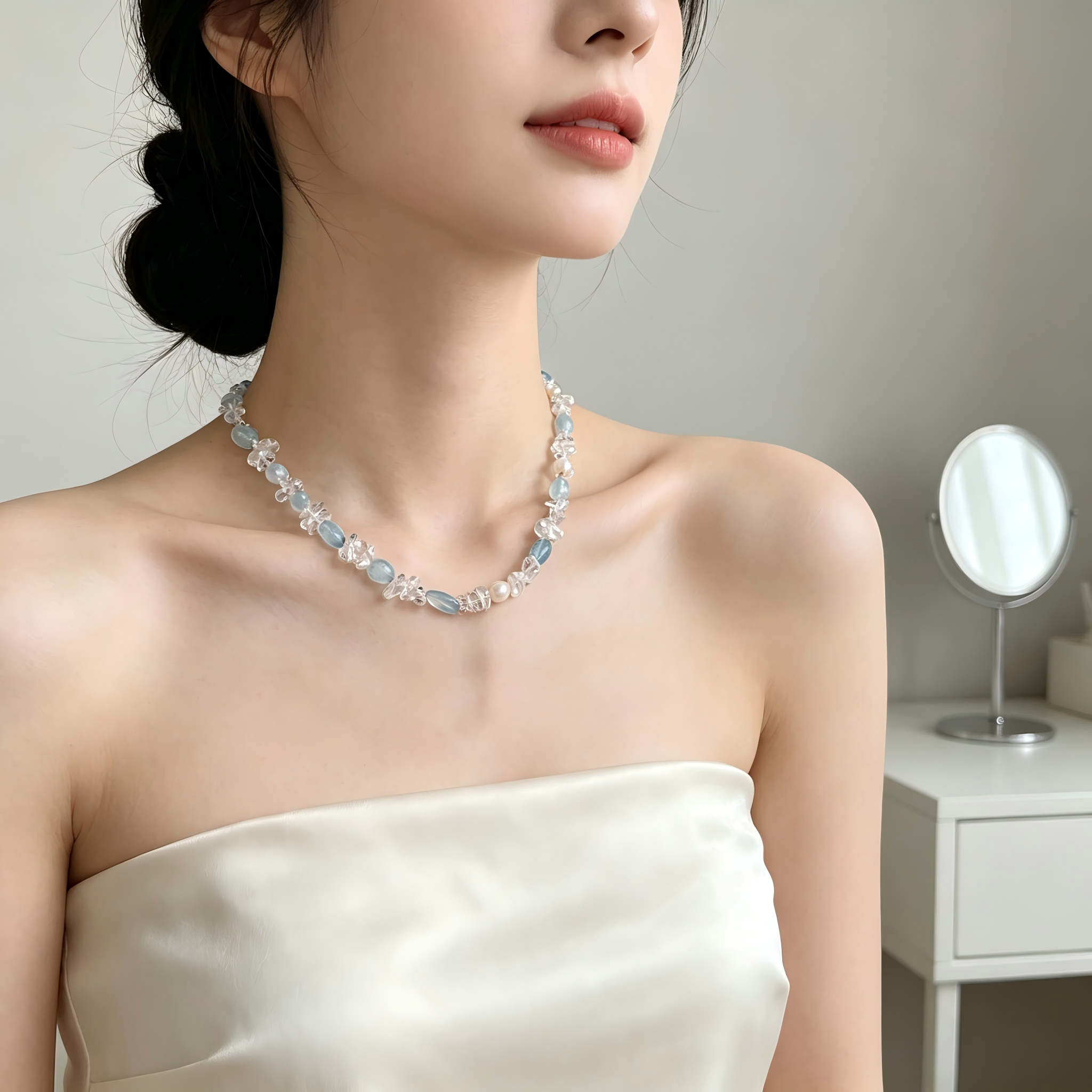 Elegant Aquamarine Clear Quartz Freshwater Pearl Crystal Jewelry