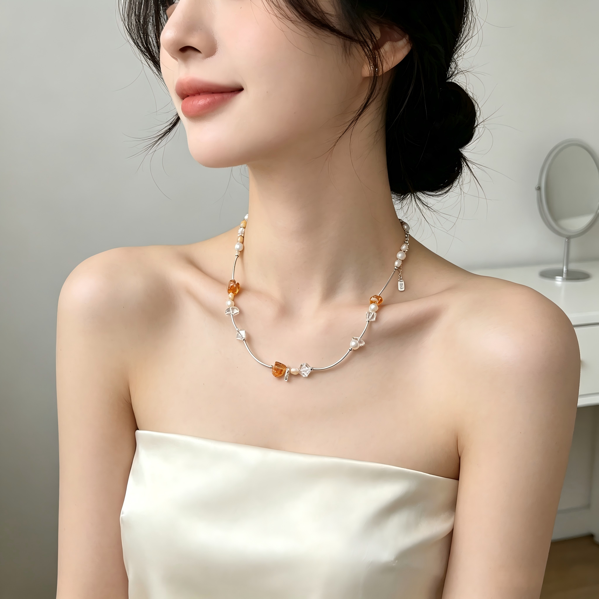 Hand Crafted Citrine Crystal Pearl Silver Crystal Jewelry