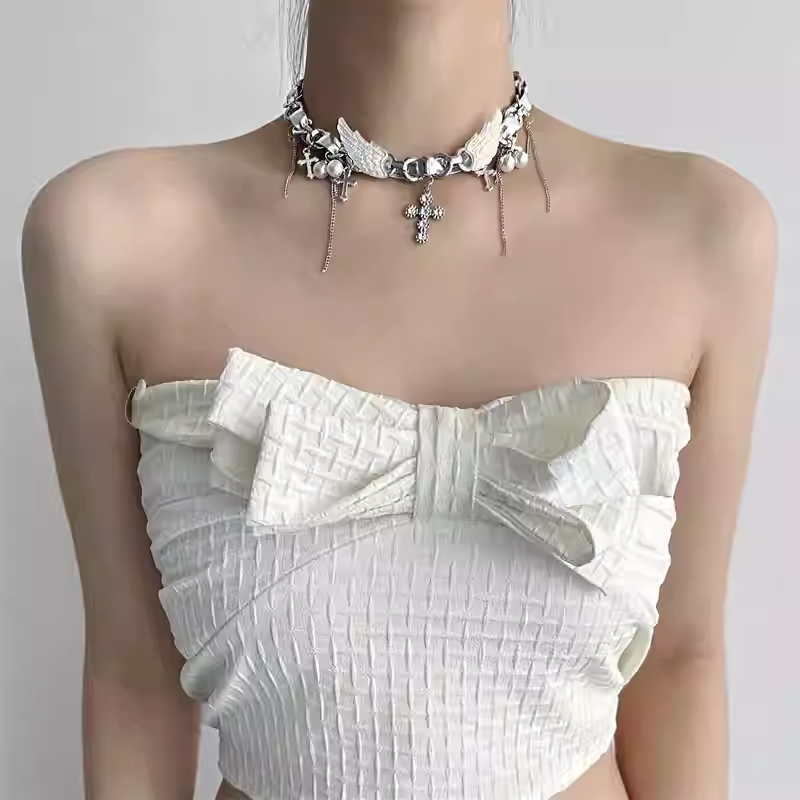 Hisera Stylish Wing Cross Alloy Chokers Crystal Jewelry