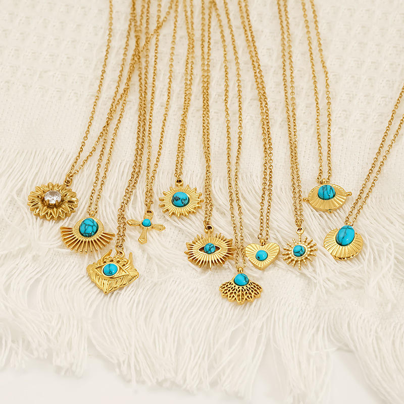 Hisera Copper Sunflower Eye Turquoise Clavicle Chain Pendant