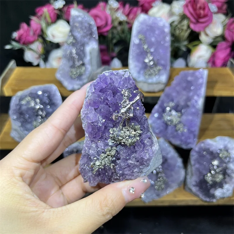 Natural Amethyst Cluster Geode Raw Stone with Pyrite - Mineral Specimen