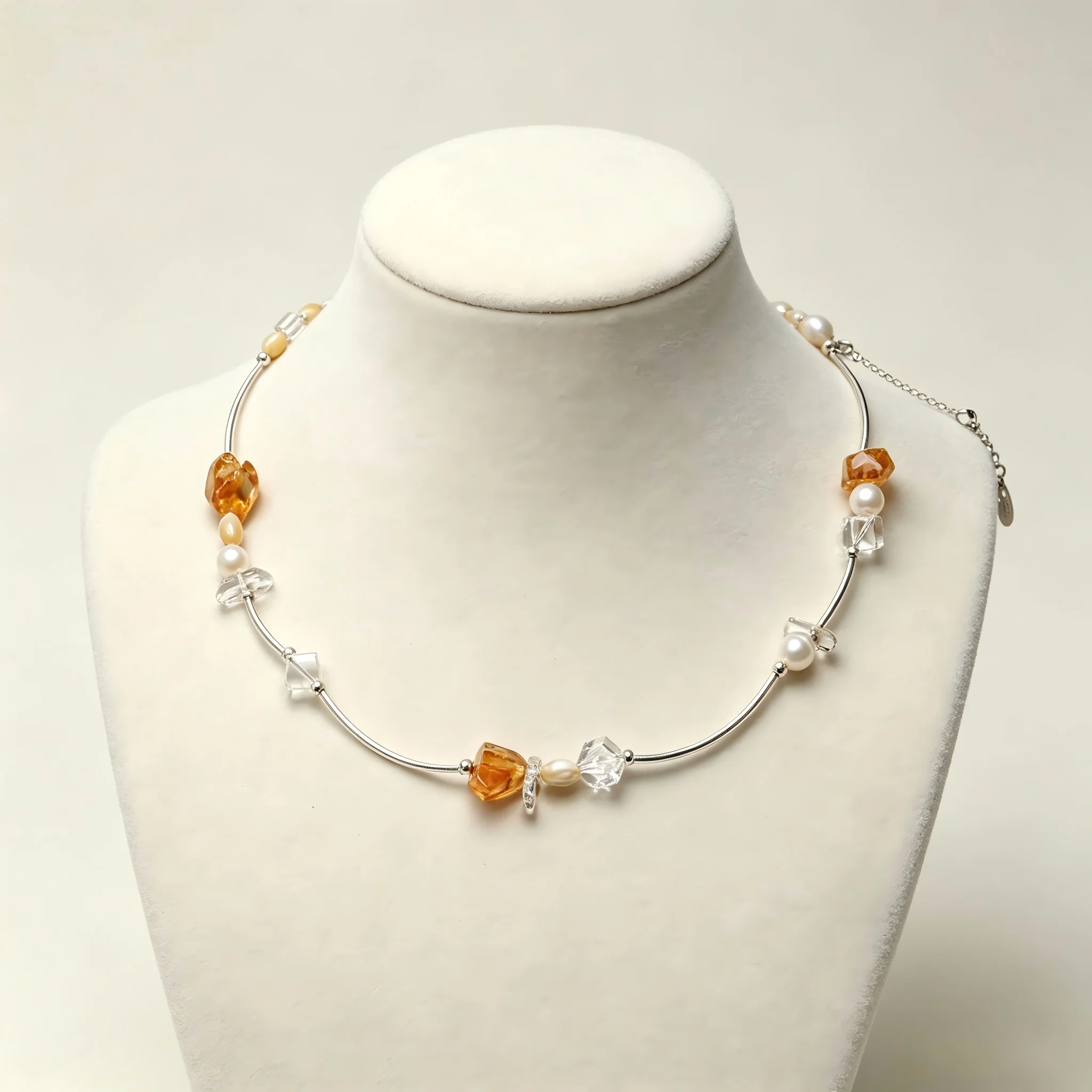 Dainty Citrine Crystal Pearl Silver Tube Crystal Jewelry