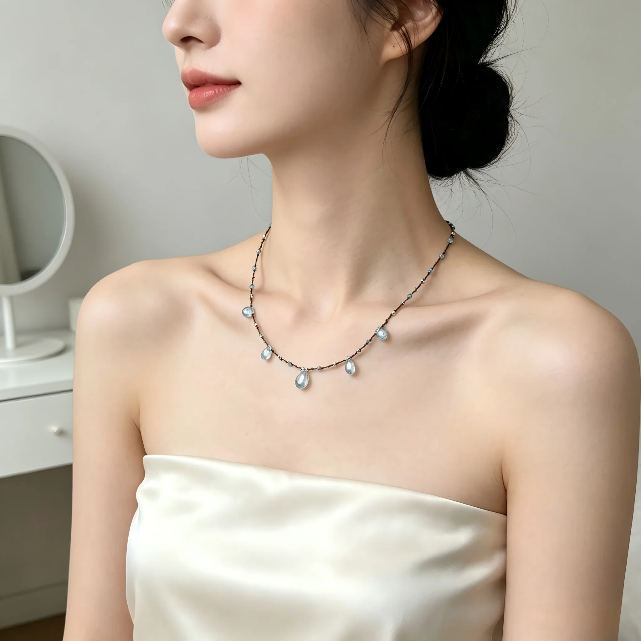 Dainty Blue Topaz Gemstone Clavicle Chain Crystal Jewelry