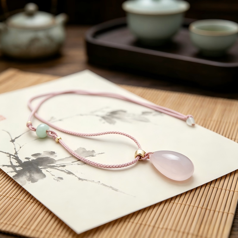 Water Drop Pink Crystal Pendant Necklace - Handmade Woven Ro