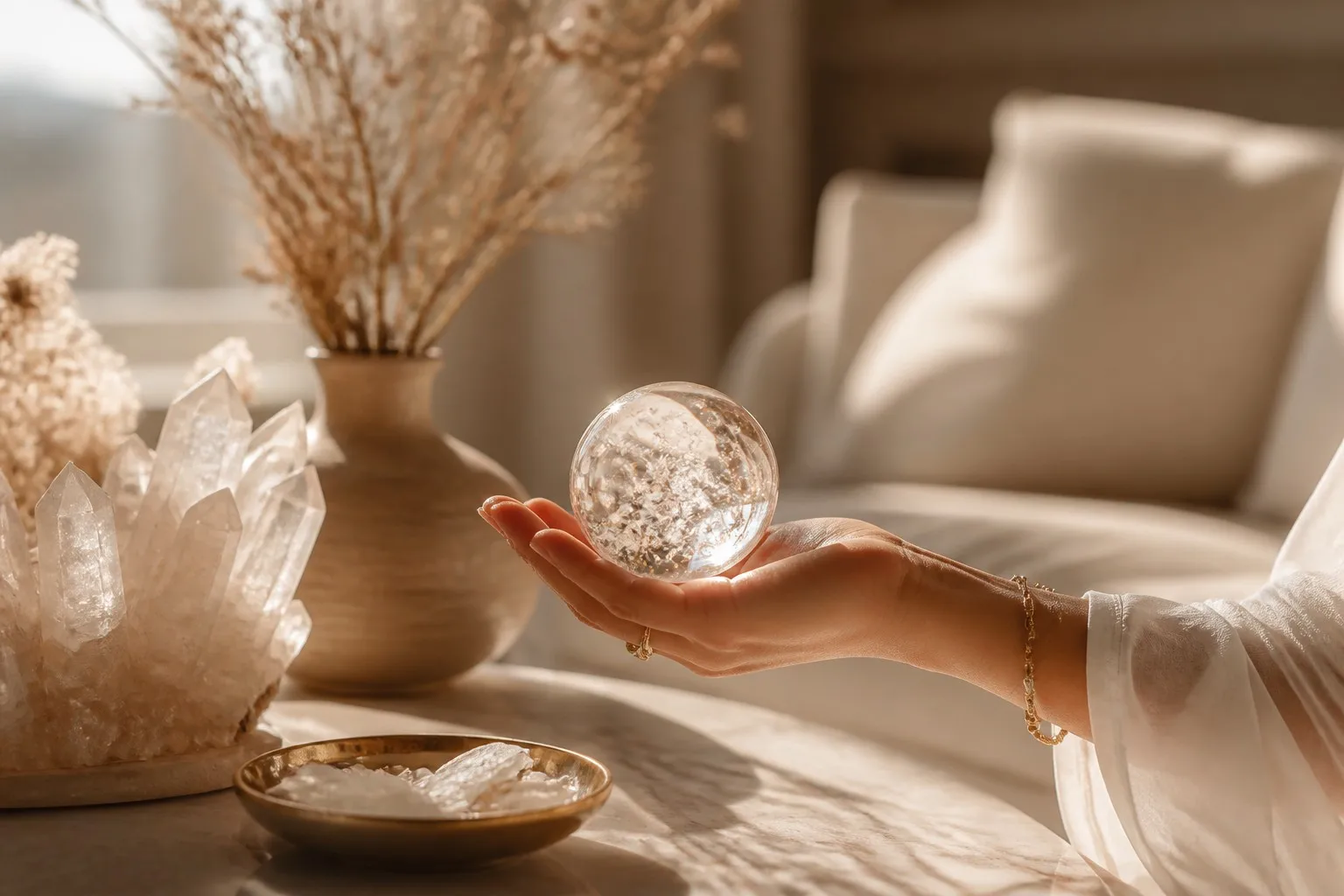 Hand holding clear quartz sphere - LixCrystal brand story