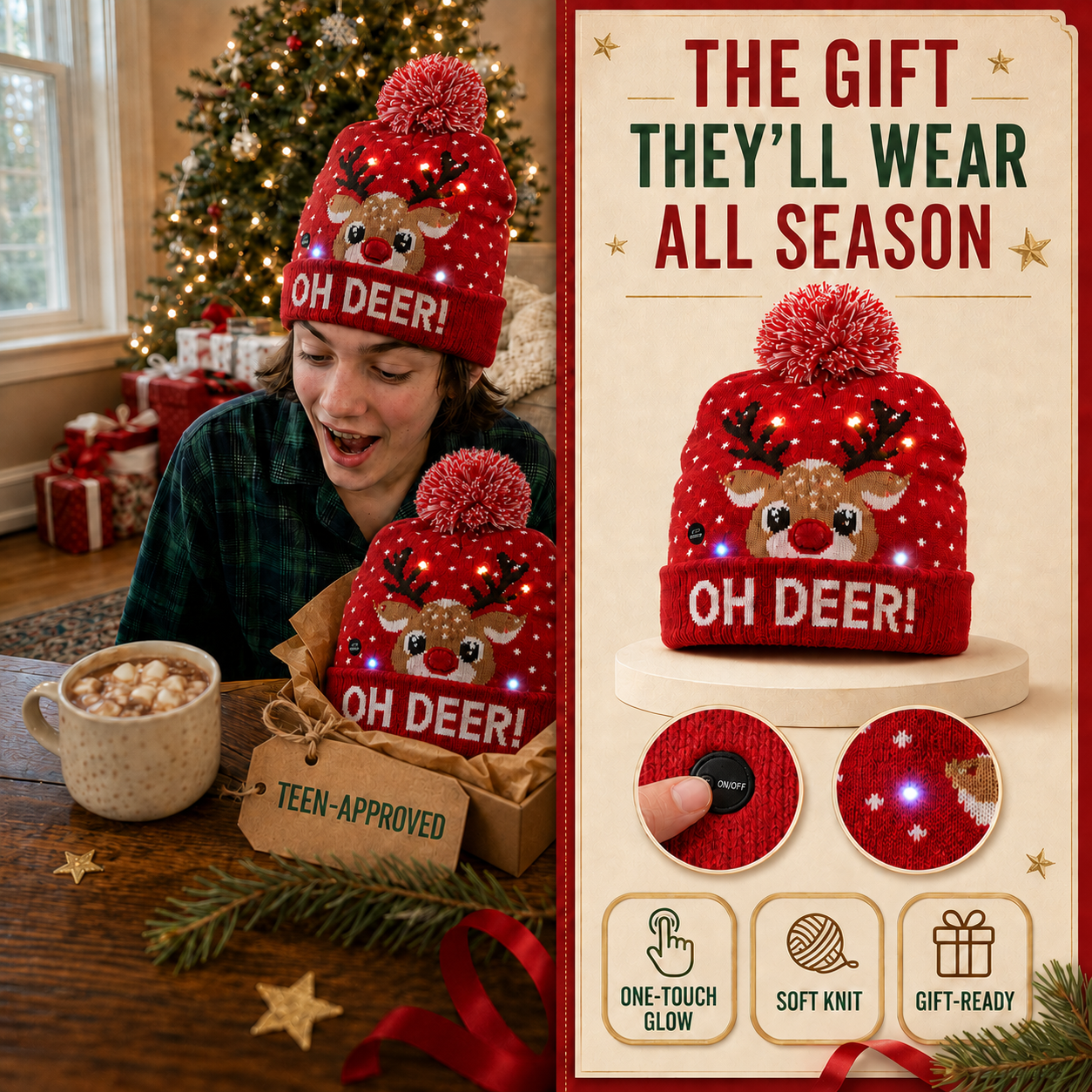 Teen opening a red reindeer light-up beanie gift
