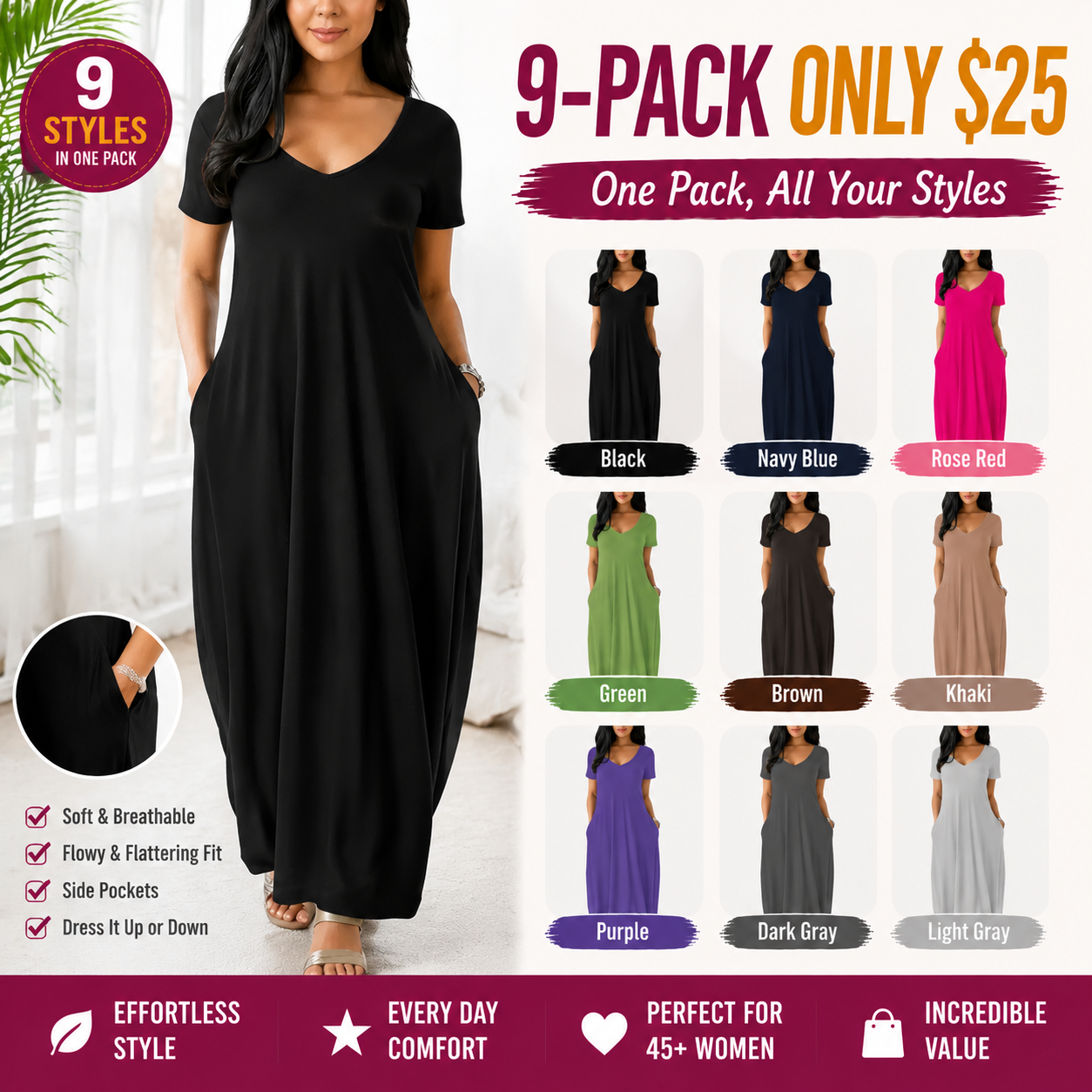Women's Long Solid Color Loungewear Dress
