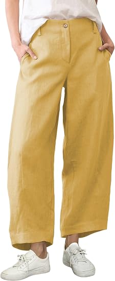 Women's Casual Baggy Linen Blend Pants, High Waisted Pull On Wide Leg Style with Pockets