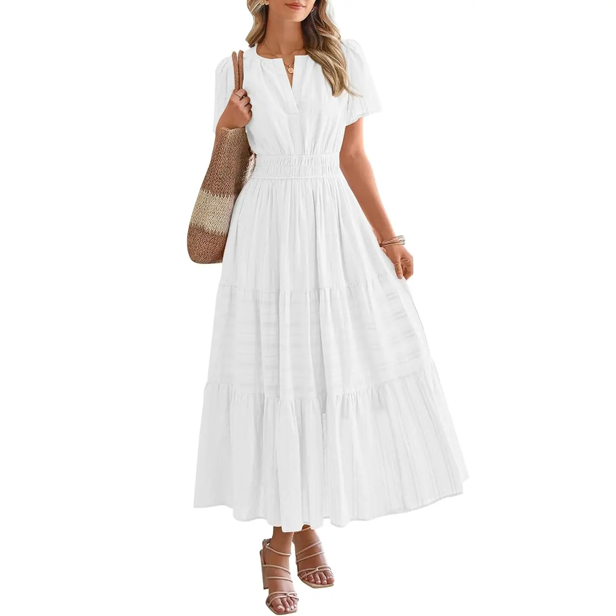 Women's Lightweight Short Sleeve V Neck Maxi Dress with Pockets