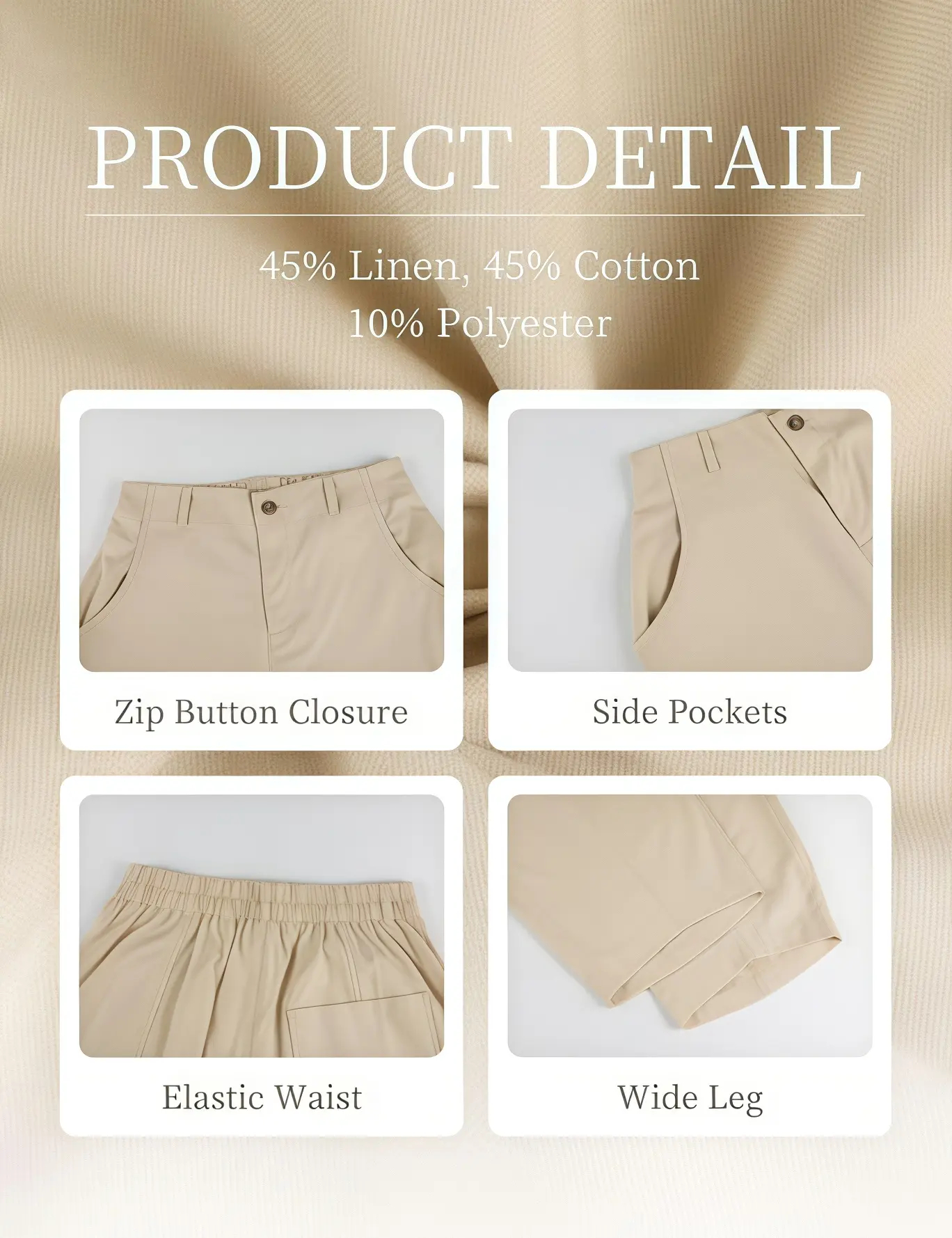Women's Casual Baggy Linen Blend Pants, High Waisted Pull On Wide Leg Style with Pockets
