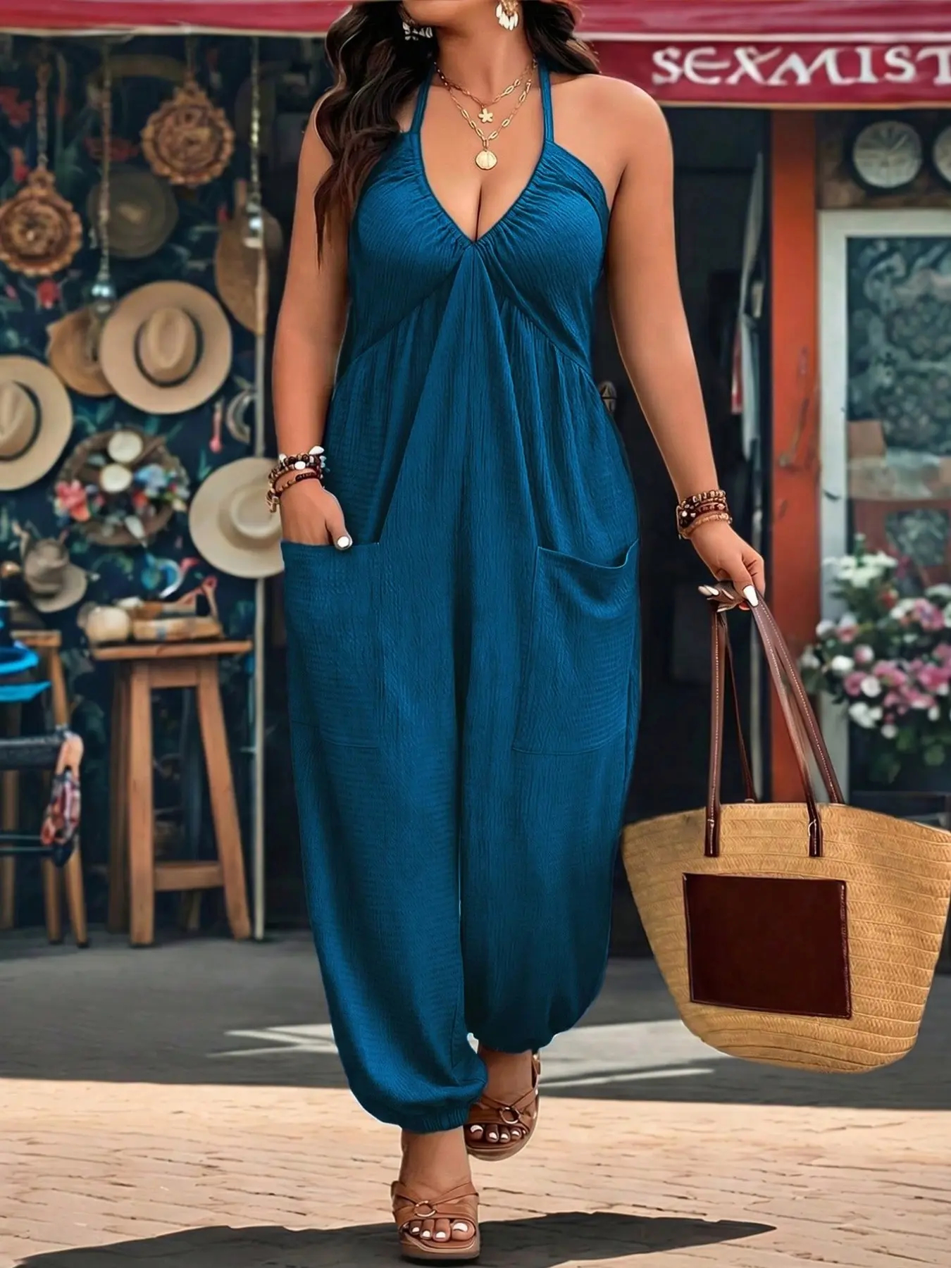 Women's Plus Solid Color Pocket Open Back Jumpsuit