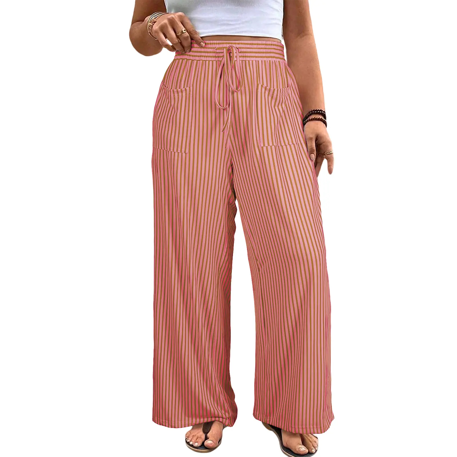 Women's Plus Size Wide Leg Pants Elastic High Waist Striped Casual Palazzo Pants Lounge Trouser with Pockets
