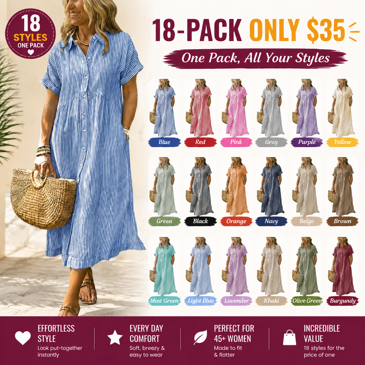 Women's Loose Midi Striped Shirt Dress