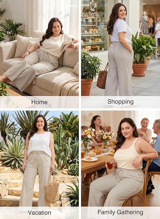 Women's Plus Size Wide Leg Pants Elastic High Waist Striped Casual Palazzo Pants Lounge Trouser with Pockets