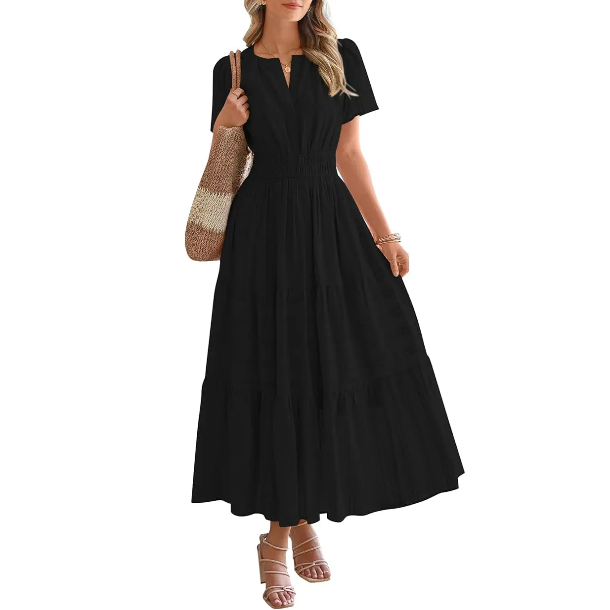 Women's Lightweight Short Sleeve V Neck Maxi Dress with Pockets