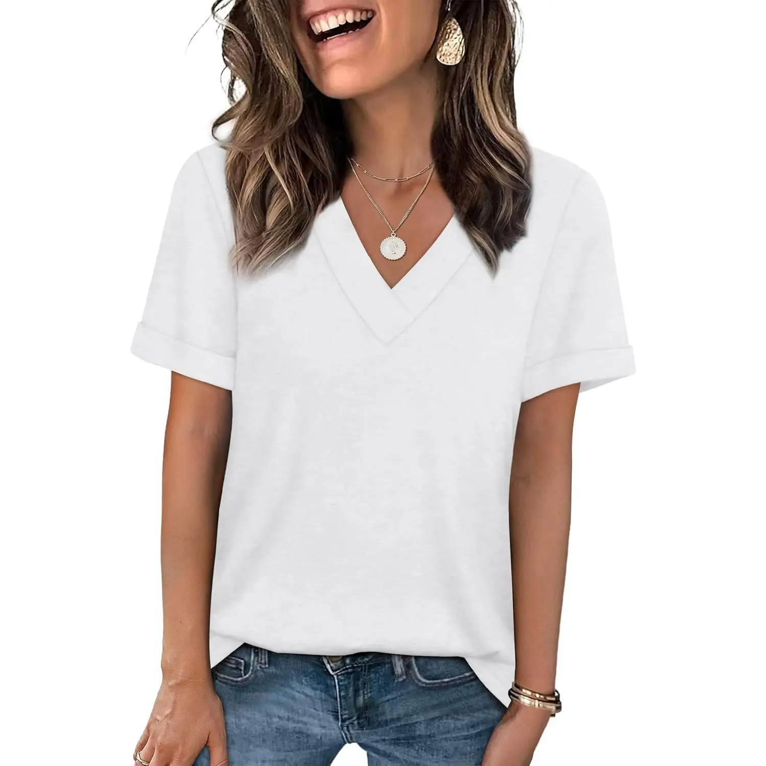 Women's Sleeve Basic Casual V Neck Tops Short
