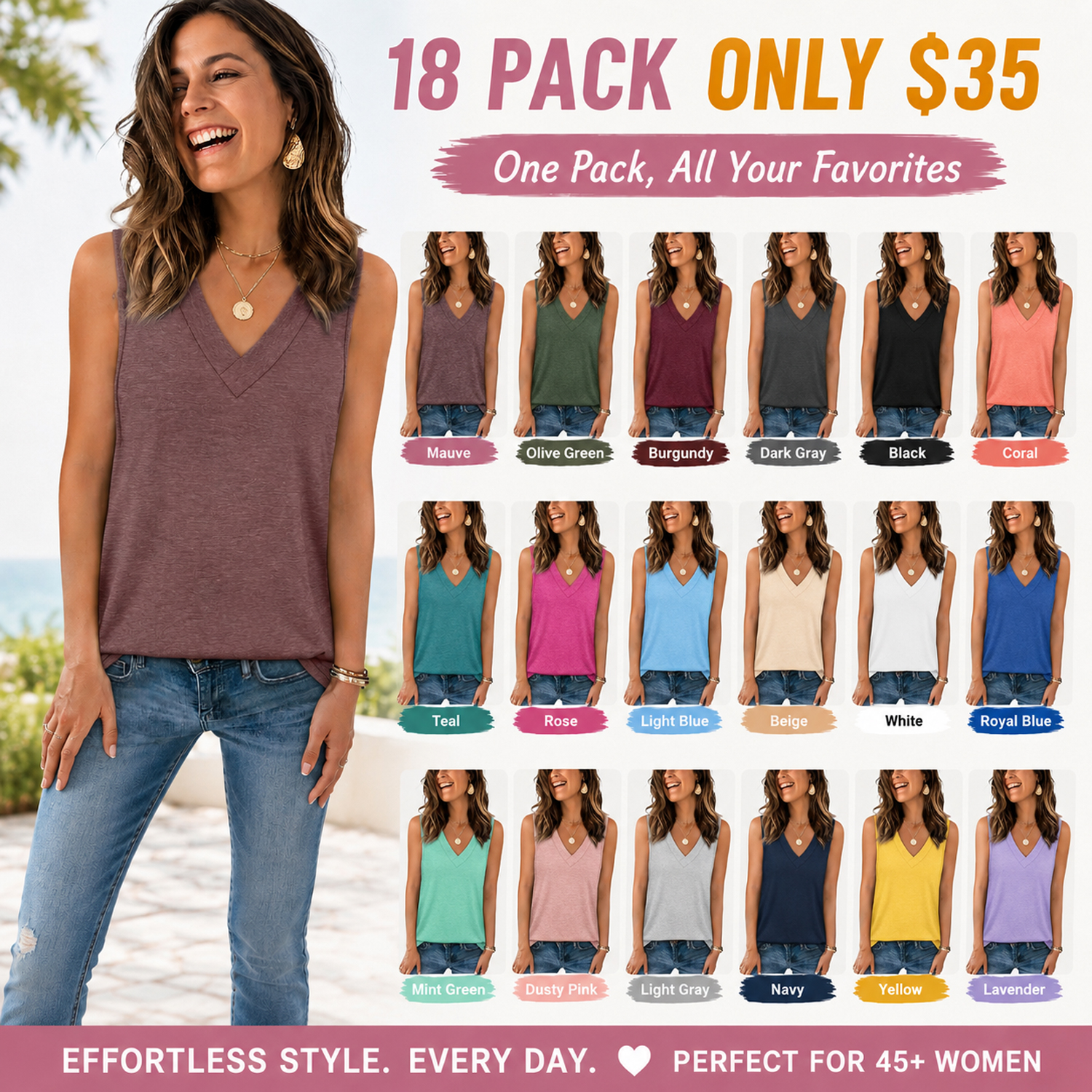 ⚡FINAL SALE⚡- Women's Sleeveless Basic Casual V Neck Tops Short